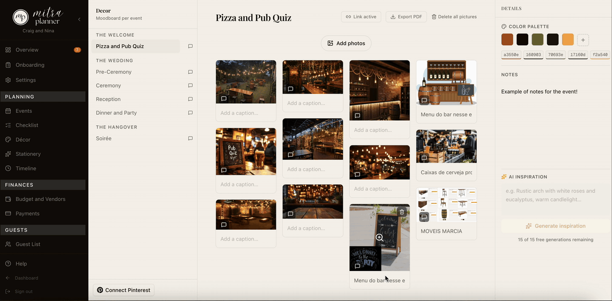 Mitra Planner décor moodboard — photo grid with captions, colour palette swatches, and event navigation