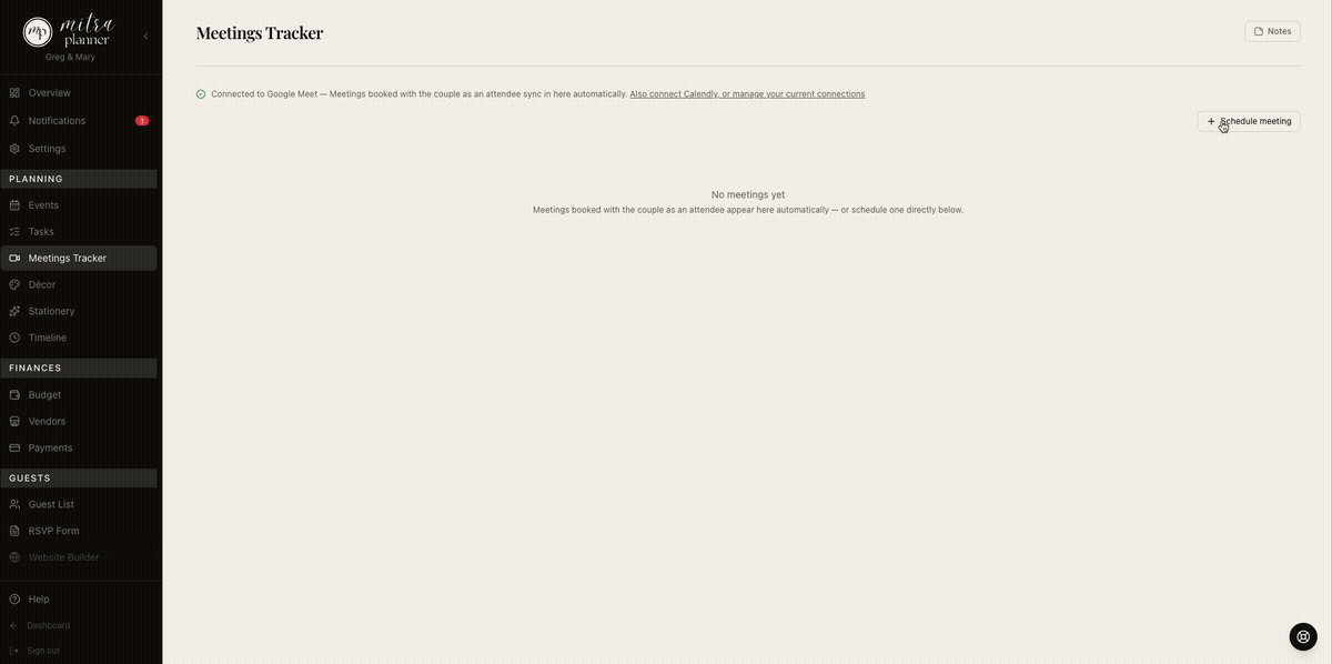 Mitra Planner client meetings tracker for wedding planners